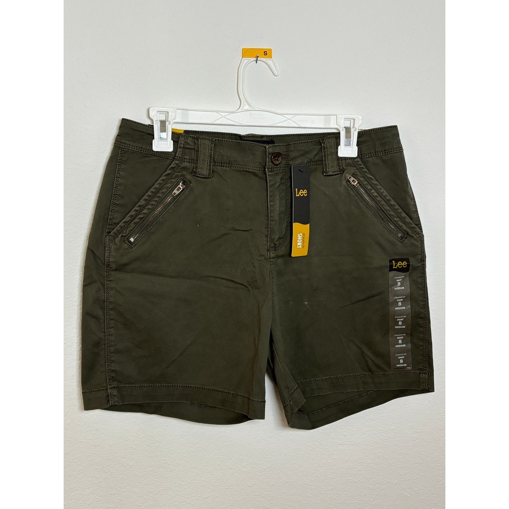 Lee Straight Fit Shorts Womens 8 Medium Olive Green Utility Zipper Pockets NWT